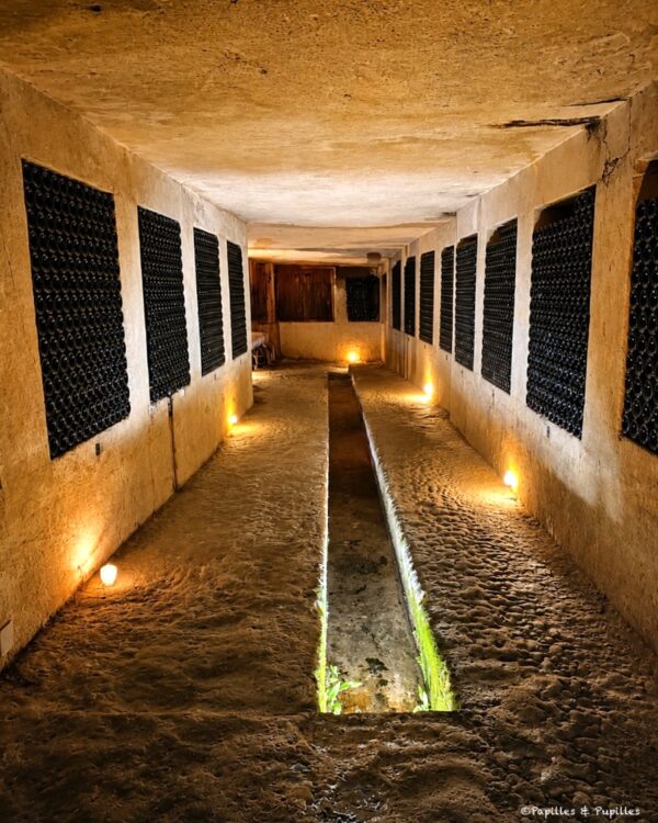 Galerie des caves du Château de La Rivière avec canal d’eau et casiers à bouteilles