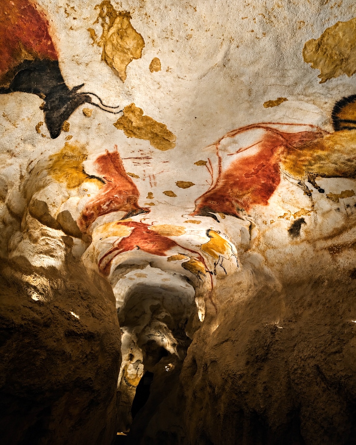 Plafond peint du fac-similé de Lascaux IV avec chevaux, aurochs et pigments rouges