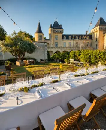 Grande table dressée dans la cour du Château de La Rivière à Fronsac