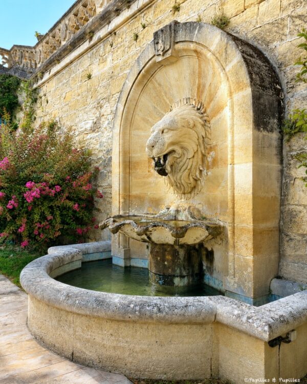 Fontaine à tête de lion dans les jardins du Château de La Rivière
